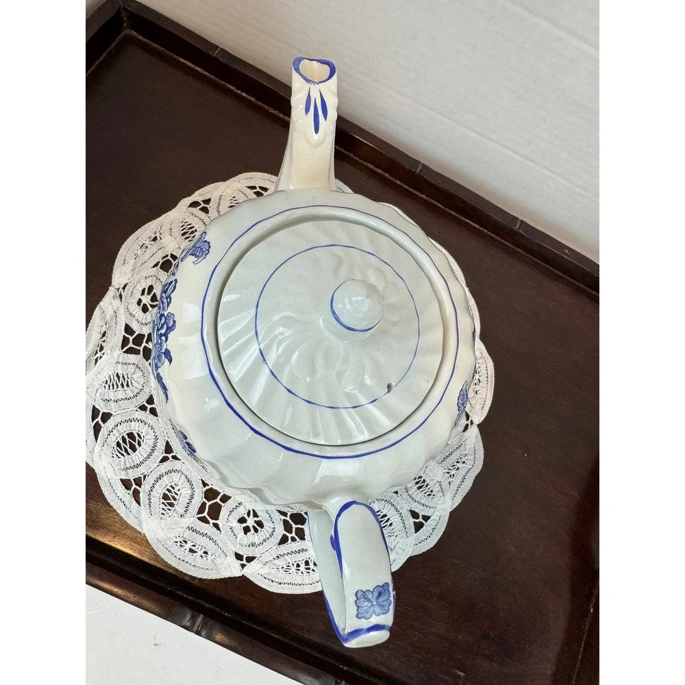 Vintage Royal Crownford Charlotte Blue and White Floral Ceramic Teapot Ironstone